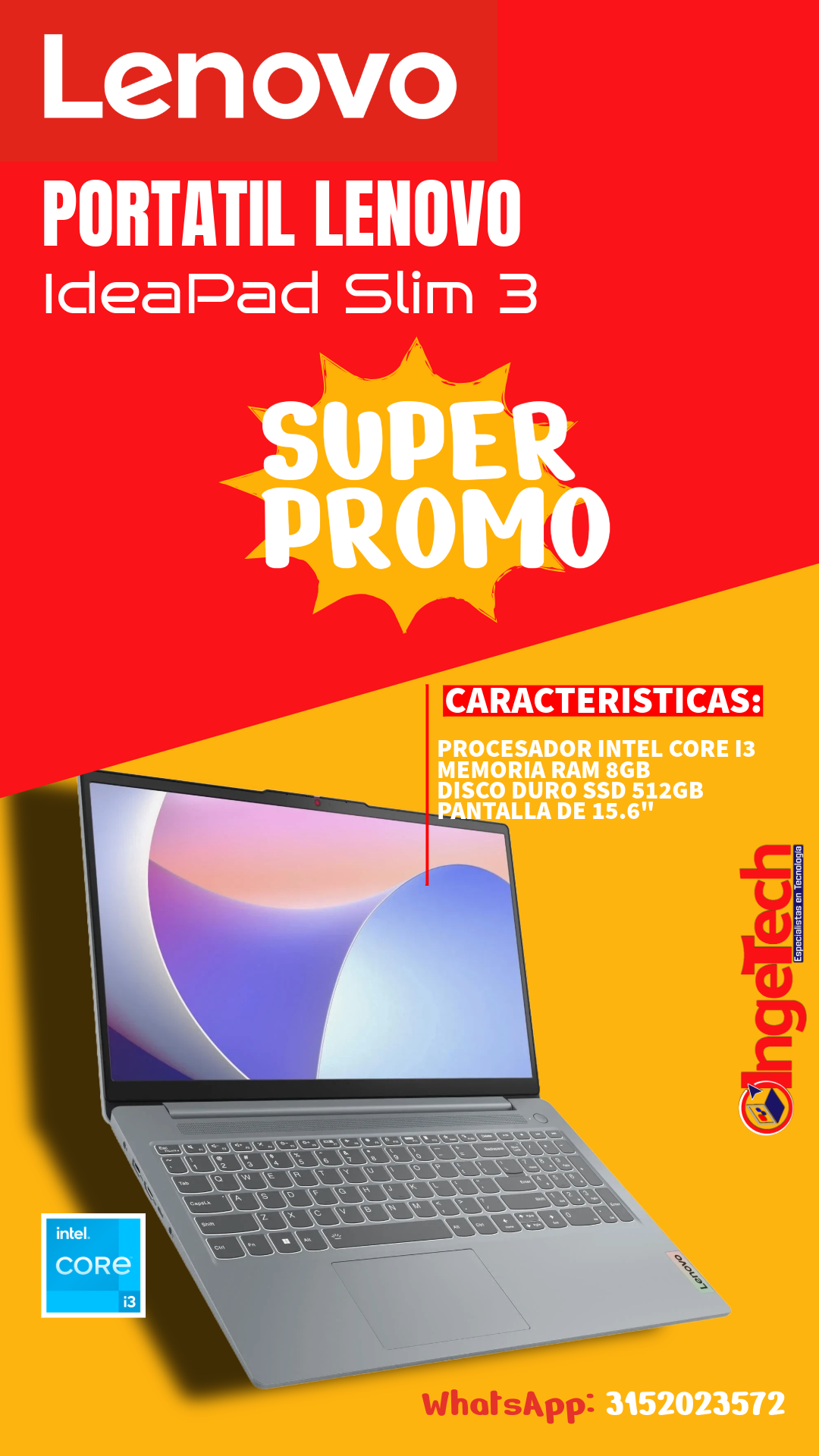 Portátil Lenovo IdeaPad Slim 3 15.6" Intel Core i3 8GB 512GB SSD Gráficos Integrados - Image 5