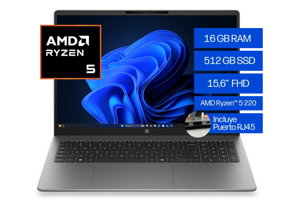 Portátil HP 200 G2A D61MCAT 16" AMD Ryzen 5 220U 16GB DDR5 512GB SSD AMD Radeon 740M