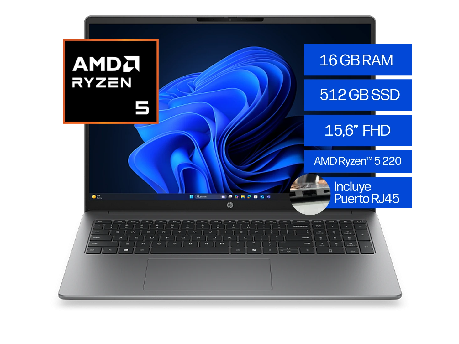 Portátil HP 200 G2A D61MCAT 16" AMD Ryzen 5 220U 16GB DDR5 512GB SSD AMD Radeon 740M